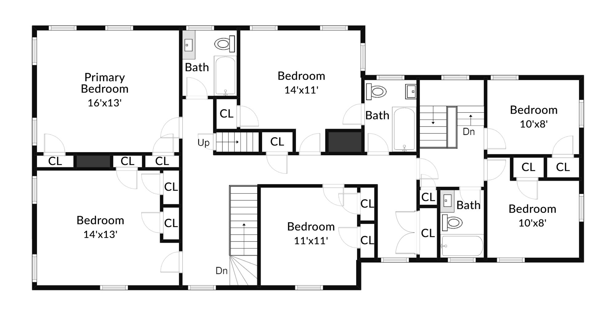 Second-floor plan: primary bedroom with river view, plus additional bedrooms and baths.
