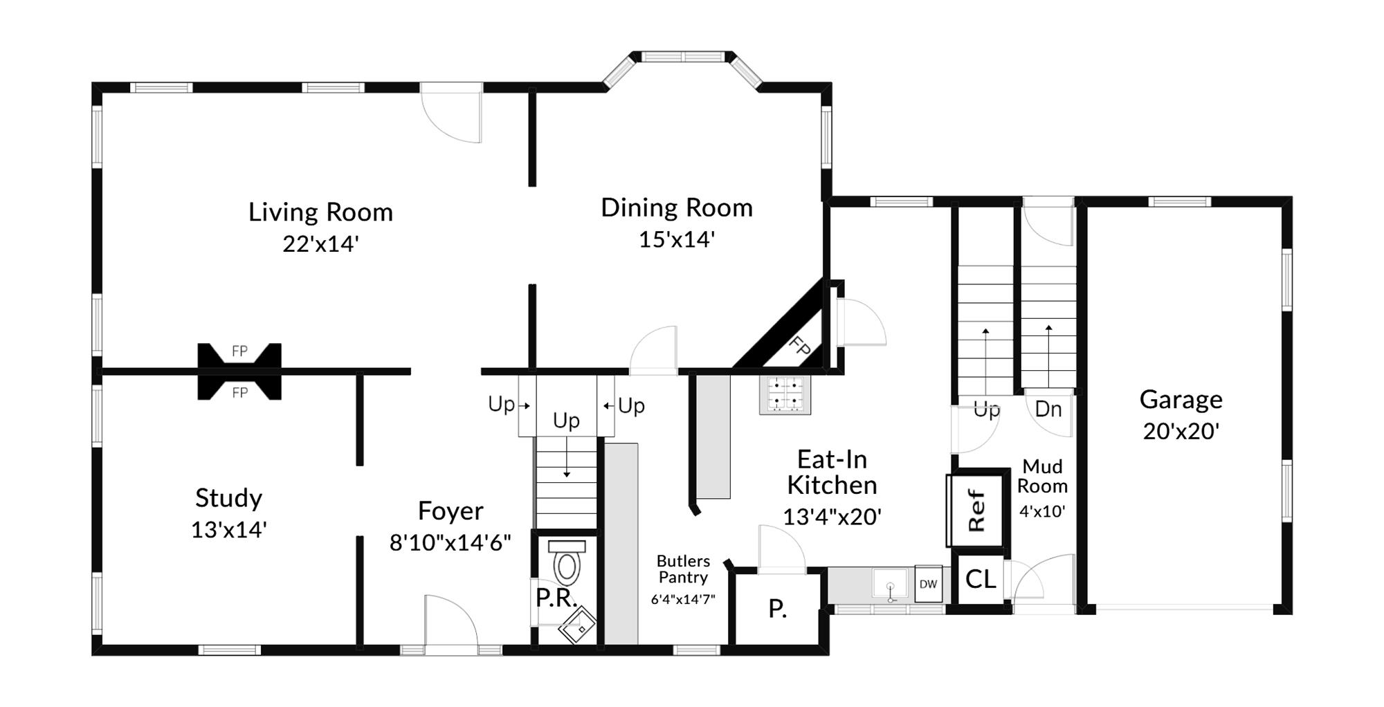 First-floor plan: entry portico, center hall, front parlor, living room, formal dining room, kitchen, butler's pantry, powder room, and attached one-car garage.