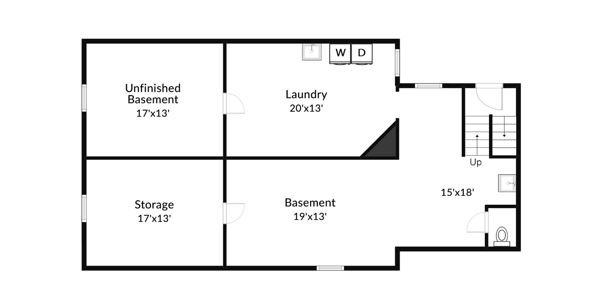 Basement plan: full unfinished basement with two storage rooms and a laundry area.