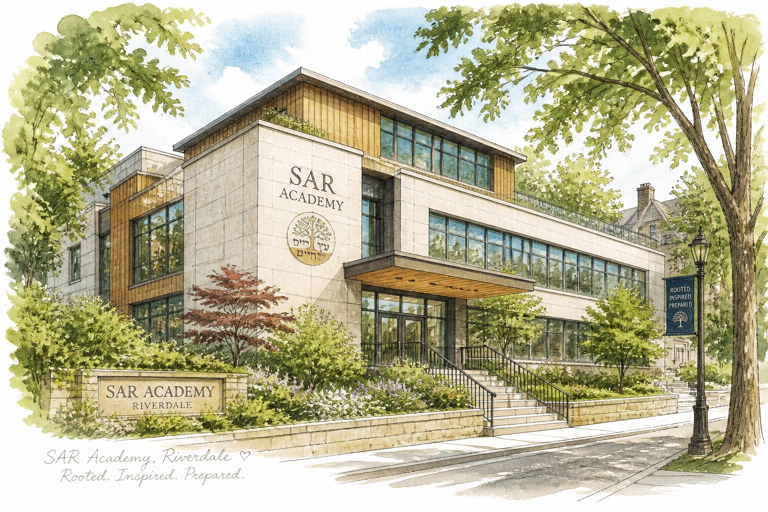 Watercolor illustration of the SAR Academy campus in Riverdale